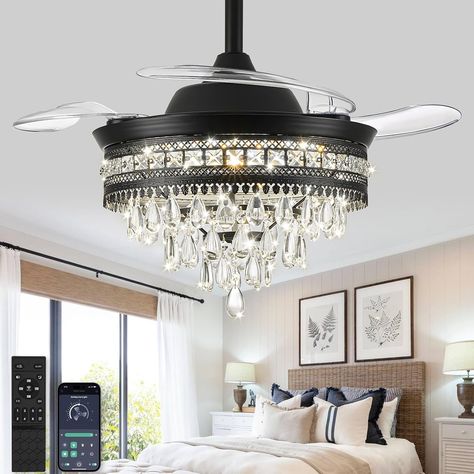 Crystal Chandelier Ceiling Fan 36'' Dimmable Fandelier Black Retractable Ceiling Fan With Lights And Retractable Ceiling Fan, Chandelier Ceiling Fan, Ceiling Fan With Lights, Ceiling Fan Chandelier, Street Light, Ceiling Fan With Light, Crystal Chandelier, Ceiling Fan, Outdoor Lighting