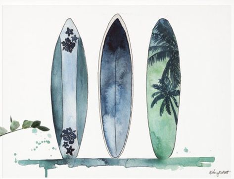 Surfboard Watercolor Paintings, Surfing Watercolor Paintings, Beachy Watercolour, Surfing Watercolor, Watercolor Surfboard, Surfboard Drawing, Surf Vintage, Beach Art Painting, Watercolor Art Landscape