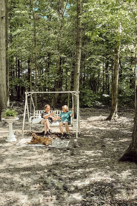 Creating Outdoor Spaces | Clearing Outdoor Space In The Woods Clearing Out Wooded Backyard, Oasis In The Woods, Wooded Backyard Landscape, Greenhouse Patio, Wooded Backyard, Gardening Greenhouse, Tree House Diy, Family Projects, Dog Yard