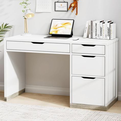 Compact white desk with storage and filing cabinet for small spaces, ideal for home offices and studios. Cabinet Small Space, Small Desk With Storage, Simple White Desk, Desk With Filing Cabinet, Desks With Drawers, Kids Desk Area, Small Work Desk, Apartment Desk, Small Room Desk