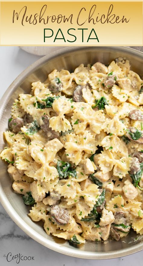 bow tie pasta with mushrooms and spinach in a creamy sauce. Dinner Receipts, Herb Cream Sauce, Bow Tie Pasta Recipe, Spinach Mushroom Pasta, Pasta Casseroles, Chicken Mushroom Pasta, Ww Dinner, Mushrooms And Spinach, Cozy Cook