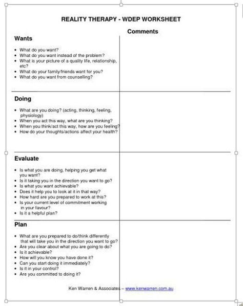 More-detailed-WDEP-model Reality Therapy, Choice Theory, Adolescent Therapy, Counselling Tools, Rave Review, Counseling Worksheets, Hebden Bridge, Taking Responsibility, Motivational Interviewing