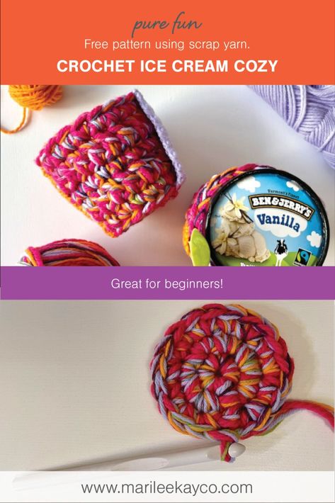 Ice Cream Pint Cozy, Crochet Ice Cream, Crochet Cup Coaster, Cup Cozy Crochet Pattern, Crochet Craft Fair, Crochet Circle Pattern, Ice Cream Pint, Ice Cream Cozy, Quick Crochet Projects