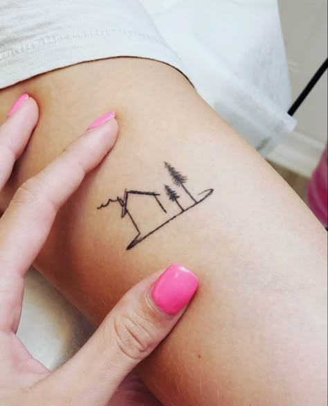 Matching House Tattoos, Cottage Tattoo Simple, The House That Built Me Tattoo, Small Cabin Tattoo, Cabin Tattoo Ideas, Homesteading Tattoo, Log Cabin Tattoo, Village Tattoo, Small House Tattoo Simple