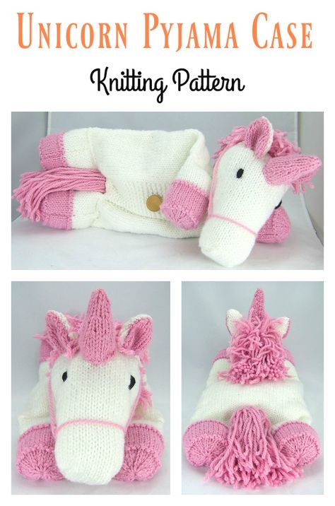 Unicorn Pyjama Case Knitting Pattern #Pattern #Knitting | #HiyaHiyaDirect  The world's finest selection of HiyaHiya knitting and crochet products delivered direct to your door. Website coming soon! Knitted Pajama Case Free Pattern, Crochet Pyjama Case Free Pattern, Knitted Puppy, Knitted Unicorn, Unicorn Knitting Pattern, Unicorn Pajamas, Crochet Products, Kids Knitting Patterns, Animal Knitting Patterns