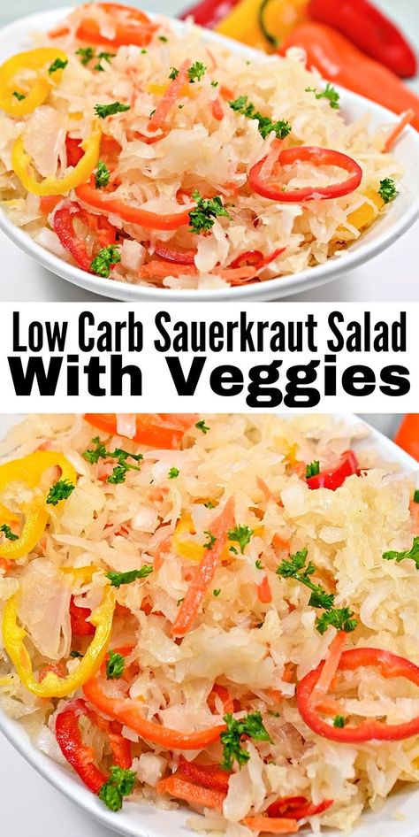 Low Carb Sauerkraut Salad with Veggies #LowCarbSauerkrautSaladwithVeggies #SauerkrautSaladwithVeggies Keto Recipes With Sauerkraut, What To Eat Sauerkraut With, Saurkraut Recipes Easy, Sauerkraut Salad Recipes, What To Eat With Sauerkraut, Saurkraut Recipes Meals, Recipes With Sauerkraut, Salad With Veggies, Sauerkraut Salad