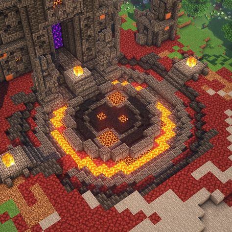 Lava Build Minecraft, Lava House Minecraft, Minecraft Volcano Base, Lava Minecraft Build, Minecraft Lava Castle, Fire Minecraft Build, Nether Fortress Build, Netherrack Builds, Minecraft Dungeon Entrance