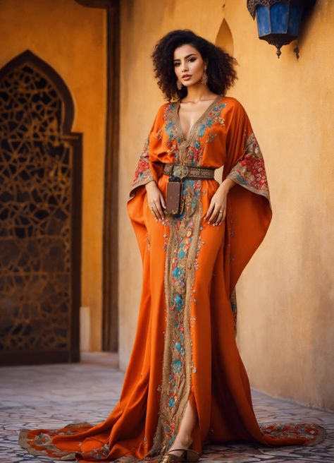 Lexica - Beautiful morrocan women wearing morrocan kaftan , haute couture, old fashion style , luxury, full body, hyperrealistic, with belt morroc... Caftan Dress Moroccan, Persephone Aesthetic, Arab Dress, Arabic Clothing, Arabian Dress, Moroccan Clothing, Kaftan Designs, Moroccan Kaftan, Moroccan Fashion