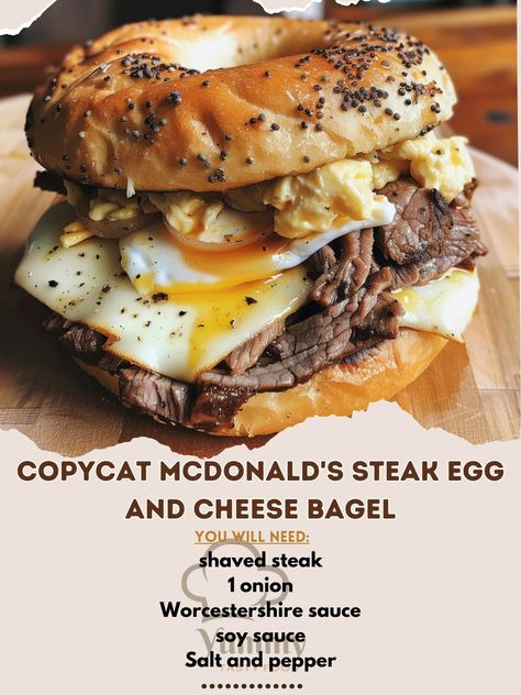 🥯🍳 Enjoy the morning with Copycat McDonald's Steak Egg and Cheese Bagel! Savory, hearty, and oh-so-satisfying. #BreakfastGoals #SteakEggCheese Copycat McDonald's Steak Egg and Cheese Bagel Recipe 🌟 Ingredients: For the steak patty: 250g shaved steak 1 onion, sliced (about 100g) 10ml Worcestershire sauce 5ml soy sauce Salt and pepper to taste For the eggs: 2 eggs, scrambled 15ml milk Salt and pepper to taste For the sandwich: 2 bagels 4 slices American cheese 30g butter 30ml mayonnaise 10ml... Mcdonald’s Steak Egg And Cheese Bagel Sandwich, Mcdonald's Steak Egg And Cheese Bagel, Steak Egg And Cheese Bagel, Mcdonalds Breakfast Sauce, Cheese Bagel Recipe, Breakfast Sauce, Egg And Cheese Bagel, Shaved Steak, Egg Bagel