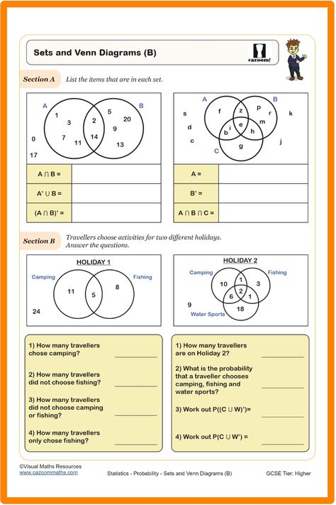 Discover a comprehensive worksheet on Sets and Venn Diagrams. Section A features two sets of Venn diagrams accompanied by set notation, offering a solid foundation. In Section B, delve into additional Venn diagrams presented with detailed work and engaging probability-related questions to enhance your understanding of the topic. Master the concepts with this resourceful worksheet! Year 9 Maths Worksheets, Sets And Venn Diagrams, Ks3 Maths Worksheets, Year 8 Maths Worksheets, Ks1 Maths Worksheets, Year 6 Maths Worksheets, Year 2 Maths Worksheets, Year 7 Maths Worksheets, Year 5 Maths Worksheets