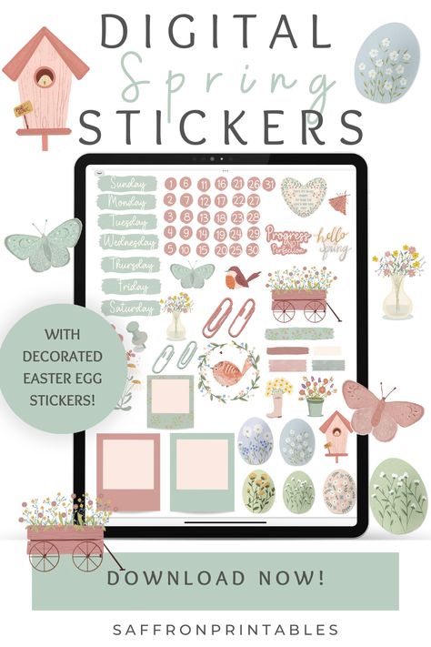 Create Your Spring Look with Hand-Drawn Digital Stickers! Get ready for the new season with these beautiful hand-drawn digital stickers in pastel blues and pinks featuring painted Easter eggs. The perfect way to bring a touch of whimsy and joy to your digital planning space! Spring Digital Stickers, Decorated Easter Eggs, Painted Easter Eggs, Notebook Templates, Digital Planner Stickers, Positive Affirmation Cards, Easter Egg Painting, Spring Look, Fun Illustration