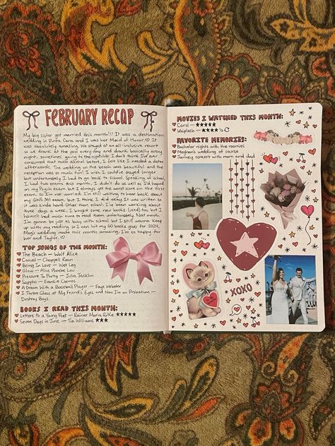 Cute Love Journal Ideas, February Scrapbook Page, Month Scrapbook Ideas, Girly Journal Aesthetic, Current Obsessions Journal Page, Scrapbook Journal Ideas Aesthetic, February Aesthetic Month, Journal Cover Decoration, Aesthetic Journal Ideas Vintage