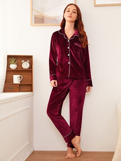 Button Front Velvet Pajama Set | SHEIN USA Night Suit For Women, Stylish Short Dresses, Fashion Leggings, Short Pj Set, Trendy Fashion Tops, Satin Cami, Night Suit, Cairo Egypt, Korean Dress