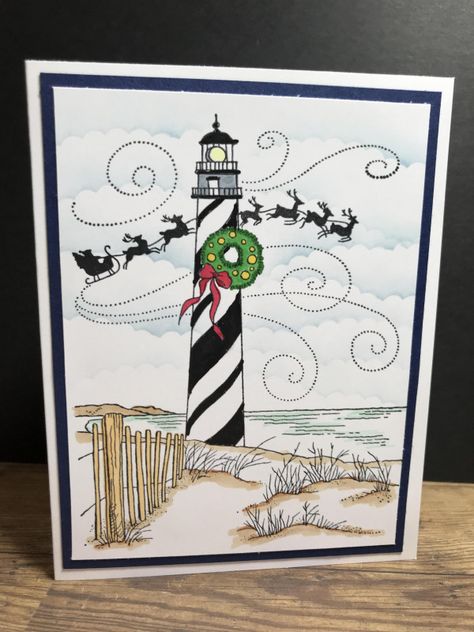 Christmas Lighthouse, Lighthouse Christmas, Lighthouse Photos, Santa And His Reindeer, Spectrum Noir, Homemade Christmas Cards, Stampin Up Christmas Cards, Light Touch, Christmas Light