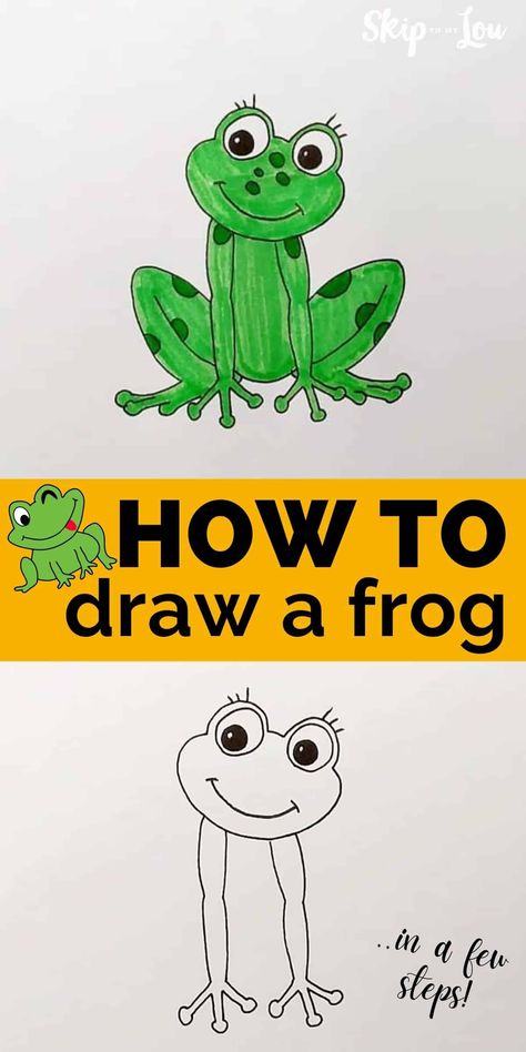 This frog drawing is EASY to do. Learn how to draw a frog with this step by step drawing tutorial. You can complete it in 6 easy steps! With a few supplies and 10 minutes, this simple frog can be yours! Easy Frog Drawing, Draw A Frog, Frog Pin, Skip To My Lou, Baby Frog, Frog Drawing, Stick Figure Drawing, Baby Drawing, Acrylic Painting For Beginners