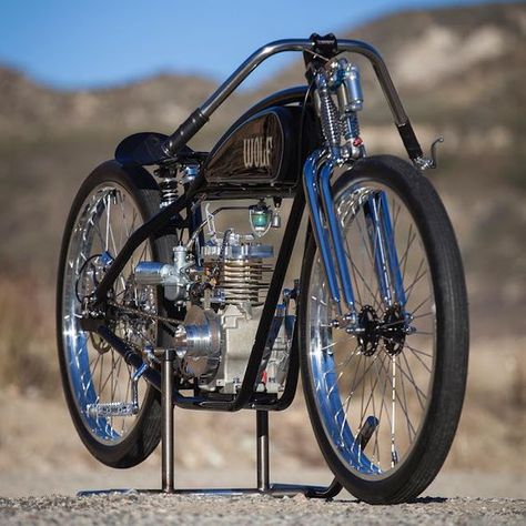 Boardtracker Bicycle | Wolf Creative Customs - RocketGarage - Cafe Racer Magazine Gas Powered Bicycle, Moto Bobber, Board Track Racer, Custom Moped, Tracker Motorcycle, Powered Bicycle, Cafe Racer Magazine, Antique Motorcycles, Motorised Bike