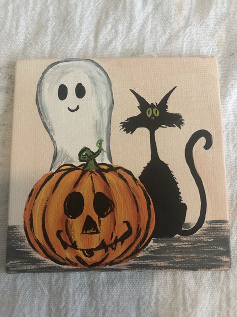 Pumpkin ghost cat Halloween acrylic paint by Jessica Marr. Jack-o-lantern fall Easy Halloween Paintings, 30 October, Fall Canvas Painting, The Witching Hour, Small Canvas Paintings, Witching Hour, Easy Canvas Painting, Halloween Painting, Small Canvas Art