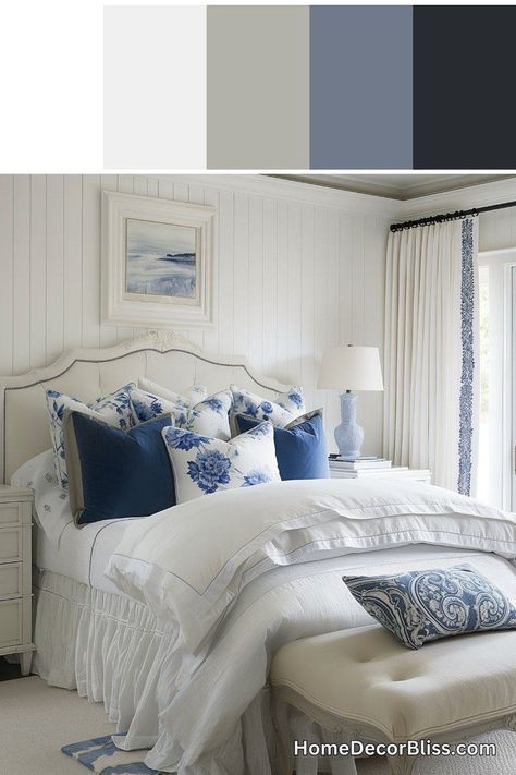 White Coastal Bedroom with Blue Accents [Room Concept] Coastal Grandma Bedroom Ideas, Coastal Bedroom Ideas Master Suite Blue And White, Coastal Guest Room Ideas, Blue And White Beach Bedroom, Blue Floral Bedroom Ideas, Costal Floral Bedroom, Blue And White Bedroom Master, Bedroom With Blue Accents, Blue Floral Bedroom