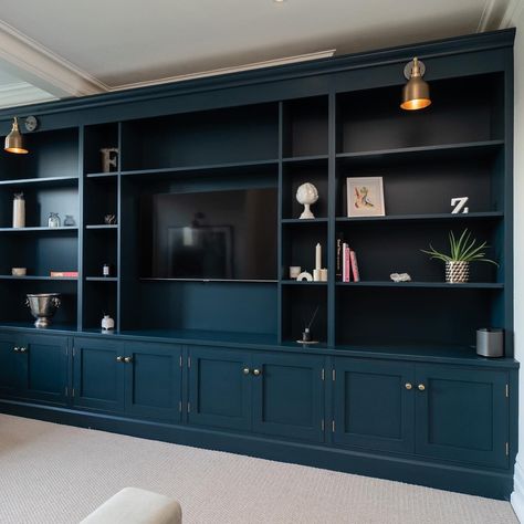 Navy Blue Bookcase, Home Office Built Ins With Desk, House Wilson, House And Wilson, Blue Bookcase, Home Office Built Ins, Bookcase Bar, Blue Shelves, Office Built Ins