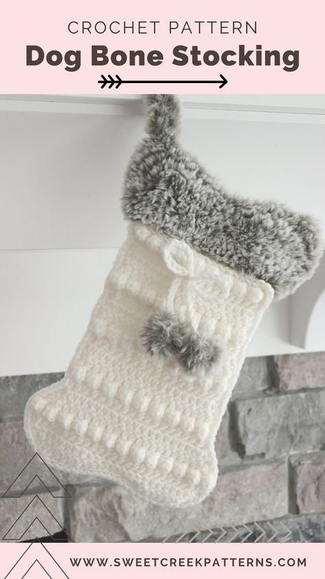 This adorable Faux Fur Dog Bone Stocking Crochet Pattern is perfect for your pawed friends during the Christmas season. Hang it next to the family’s stockings and fill it full of goodies. The finished size of this stocking measures 12.5” tall by 6” wide, which is a little smaller than the standard stocking size. The smaller size is perfect to portray the little pawed friends in our lives. Dog Bone Stocking Pattern, Crochet Dog Bone, Dog Bone Stocking, Bone Stocking, Stocking Crochet Pattern, Christmas Stocking Pattern Free, Stocking Pattern Free, Stocking Crochet, Crochet Christmas Stocking Pattern