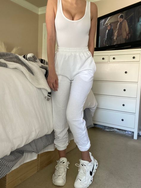 Bodysuit: Zara, Joggers: Missguided, Shoes: Nike Air Barrage Low Casual Nike Air Max Low-top For Jogging, Nike Air Max Breathable Low-top For Jogging, Zara White Ruched Dress, Nike Air Barrage Low, Nike Air Barrage Mid, Nike Air Barrage, Shoes Nike Air, Jogging Pants, White Summer