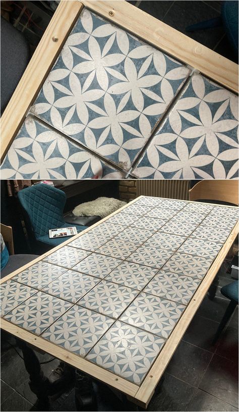 How to tile a dining table DIY using geo blue white tiles Tile Patio Table, Dining Table Diy, Mosaic Patio Table, Diy Garden Table, Mosaic Tile Table, Tile Top Tables, How To Tile, Tile Tables, Coffee Table Makeover