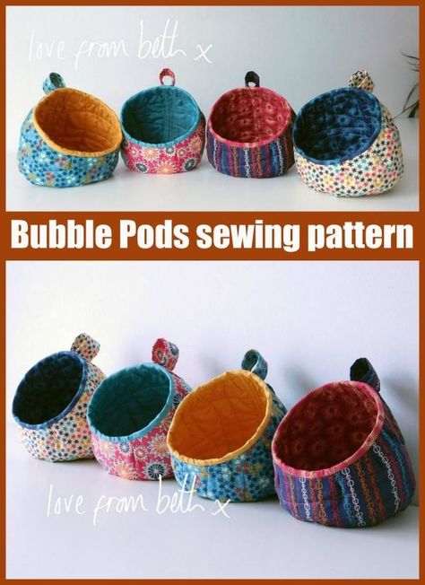 The designer of this sewing pattern, Love From Beth, named these storage containers Bubble Pods, and you can see why. They are simple to make and you don’t need very much fabric. All you will need is two of your favorite fat quarters to make one Bubble Pod, with some leftover. These will make great … Storage For Sewing Patterns, Fabric Bubble Baskets, Fabric Containers To Sew, Sewing That Sells, Fabric Storage Baskets Pattern, Quarter Yard Sewing Projects, Sewing Projects Fat Quarter, Bathroom Sewing Projects, Trending Sewing Projects