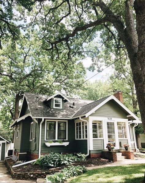 Small 1920s House, Small Simple Home Exterior, Suburban Home Interior Design, Cozy Small Home Exterior, Small Craftsman Home Exterior, Quaint Home Exterior, Sage Green Craftsman Exterior, 1908 House Exterior, Bungalow Garden Ideas