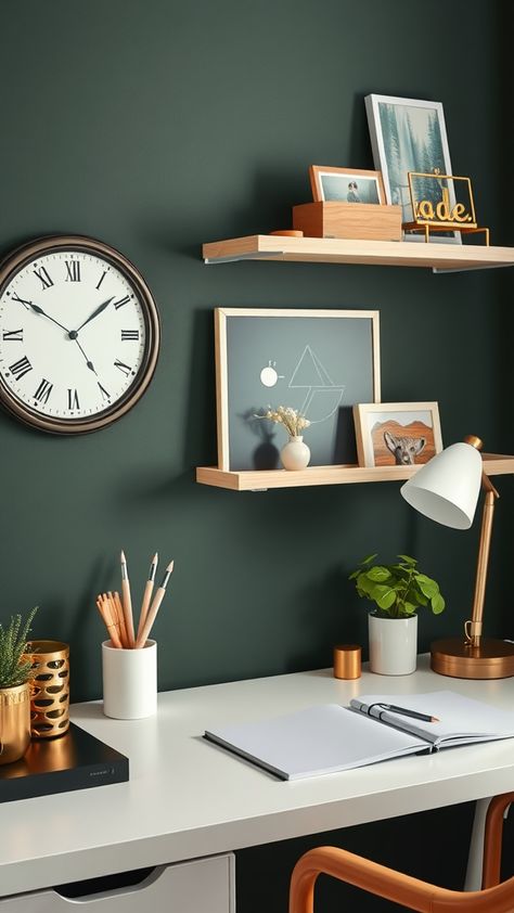 Elevate your home office full room by using dark green walls as a statement color, complemented by neutral furniture and ample lighting. Hunter Green Office Ideas, Wall Color Ideas For Office, Office Feature Wall Ideas, Dark Green Home Office, Forest Green Office, Sage Office, Dark Green Home, Dark Green Office, Home Office Walls