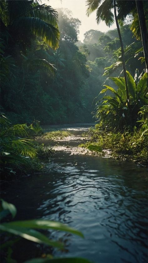 Jungle River, Rainforest Photography, A Level Art Sketchbook, Landscape Elements, Wild Forest, Morning View, Lake Sunset, Moon Night, Fantasy Places