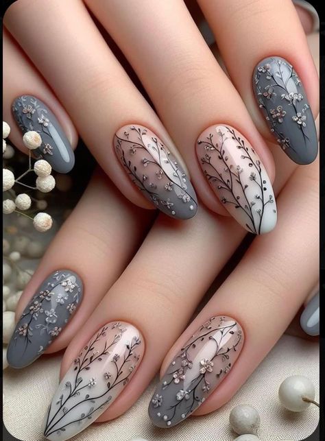 Muted Nail Designs, Cool Toned Nails, Acotar Inspired Nails, Spring Goth Nails, Bridgerton Nails Ideas, Simple Elegant Nail Designs, Moth Nails, Monochrome Nail Art, Artist Nails