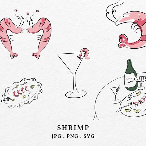 Shrimp Illustration Design, Shrimp Illustrations, Seafood Art, New Year's Drinks, Menu Illustration, Minimal Painting, Art Svg, Beach Theme Wedding, Cute Illustration