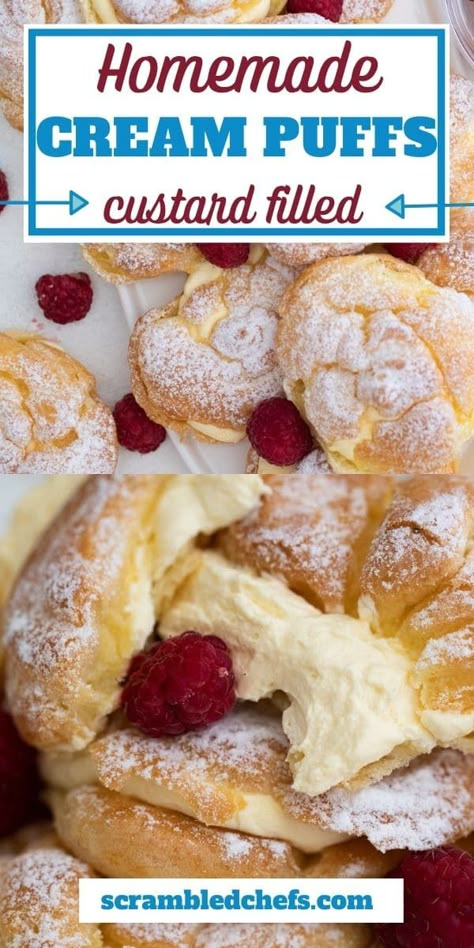 Whipped Custard, Sweet Puff Pastry Recipes, Cream Puffs Recipe Easy, Puff Recipes, Cream Puff Pastry, Homemade Cream Puffs, Cream Puffs Easy, Puff Pastry Dessert, Cream Puffs Recipe