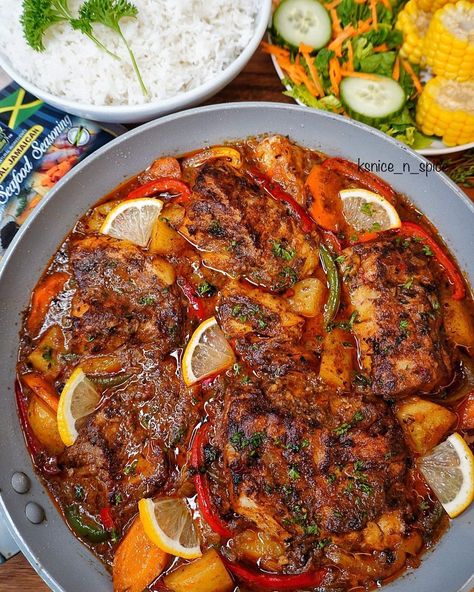 Kay on Instagram: “JAMAICAN BROWN STEW BONELESS WHITE FISH, WHITE RICE, CORN AND SALAD🧨💥🇯🇲💃🏽💯🤤. The ultimate Brown stew fish rich flavoursome fish dish without…” Stew Fish Recipe Jamaican, Fish Boil Recipe, Brown Stew Fish, Catfish Stew, Jamaican Brown Stew, Stew Fish, Root Vegetable Stew, Fish Stew Recipes, Chicken And Mushroom Pie