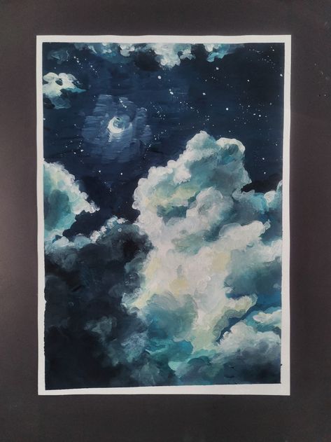 Dreamy Gouache Painting, Gouache Night Sky, Gouache Painting Clouds, Moon Gouache Painting, Gouache Fantasy Art, Winter Gouache, Gouache Clouds, Gouache Sky, Gouache Studies