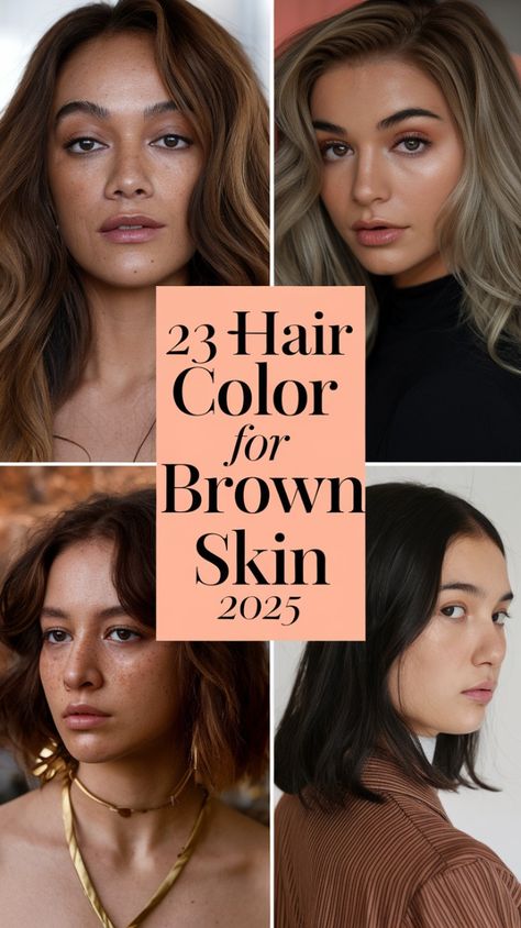 Discover the top 23 hair color trends for brown skin in 2025! From soft caramel highlights to deep chocolate and sleek ash blonde, these shades are perfect for enhancing your natural beauty. Whether you're seeking a bold transformation or a subtle glow, find your next favorite look here! 🌟 #HairColor2025 #BrownSkinHairInspo #Balayage #HairColorTrends Hair Color Styles For Brown Skin, Tan Hair Color Skin, Hair Colours For Tanned Skin, Hair For Tan Skin Tone Brown Eyes, Brown Hair Colors For Brown Skin, Ash Brown Hair Tan Skin, Blonde For Tan Skin Tone, Olive Undertone Skin Hair Color, Hair Colour On Brown Skin