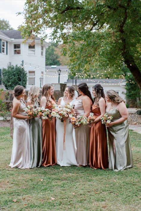 Dreamy Peach & Blush Fall Bridal & Bridesmaids Bouquets — Green & Rust Orange Bridesmaids Dresses Orange Bridesmaids Dresses, Orange Bridesmaids, September Wedding Colors, Orange Bridesmaid, Orange Bridesmaid Dresses, Mismatched Bridesmaids, Bridesmaids Bouquets, Floral Design Studio, Mismatched Bridesmaid Dresses