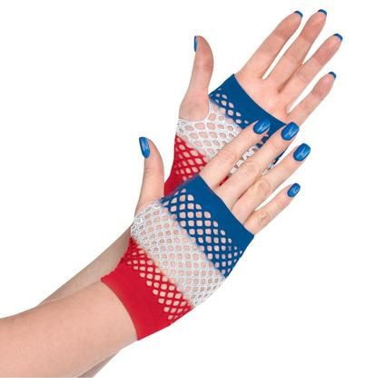 Need a hand dressing up for the big game? Our Red White & Blue Fishnet Glovelettes are small on size but big on style! These red white and blue stripe fingerless gloves have fishnet cutouts and holes for just your thumbs leaving your other fingers free. Wear them with your '80s costume or to celebrate the Fourth of July! One size fits most. Patriotic Accessories, Red Fishnets, Oktoberfest Halloween, Hand Dress, Plus Size Costume, 80s Costume, Costume Gloves, Halloween Costume Shop, Halloween Store