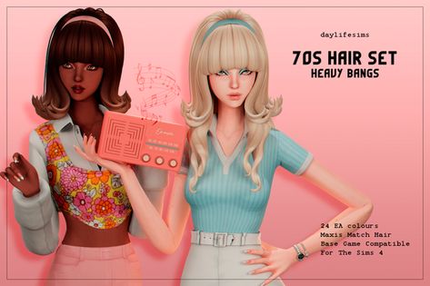 70s HAIR SET - Heavy Bangs Hairstyle | Daylife Sims on Patreon Sims 4 70s Hair, Daylife Sims, Heavy Bangs, Sims 4 Decades Challenge, Bangs Hairstyle, Hairstyle Hairstyle, 70s Hair, Pelo Sims, Sims 4 Game Mods