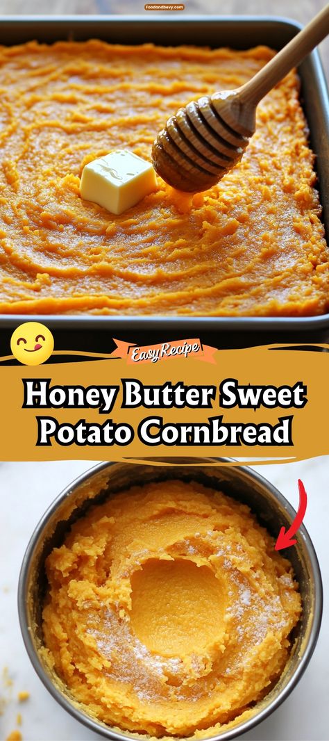 Elevate your comfort food game with Honey Butter Sweet Potato Cornbread. This unique recipe combines the natural sweetness of sweet potatoes with the rich, comforting taste of honey butter, resulting in a soft, flavorful cornbread that pairs perfectly with any meal. #SweetPotatoCornbread #ComfortFood #HoneyButter Cornbread Cake Pops, Corn Sweet Potato Recipes, Cinnamon Honey Butter Sweet Potato Cornbread, Southern Style Honey Butter Cornbread, Box Cornbread Recipes, Pineapple Upside Down Cornbread, Sweet Southern Cornbread Recipe, Things To Do With Cornbread, Honey Butter Cornbread Muffins