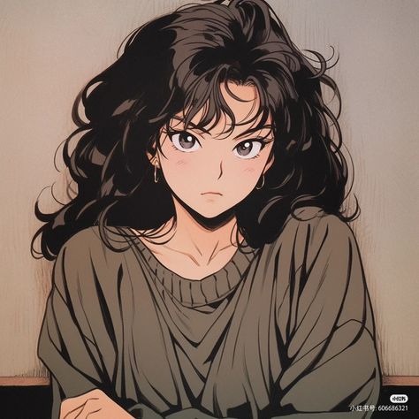 Cartoon Profile Pics Curly Hair White, Anime Wavy Hair Reference, Curly Hair Matching Pfp, Girl With Black Hair Drawing, Curly Hair Anime Characters, Curly Hairstyles Anime, Anime Curly Hair Female, Curly Hair Pfp Anime, Wavy Hair Anime