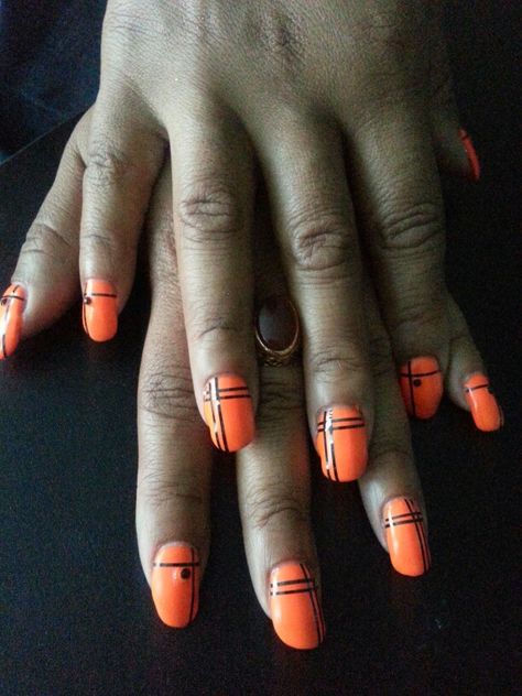 Orange with black stripes by Lozza2306 Striped Nails, Neon Orange, Black Nails, Black Stripes, Nail Art, Stripes, Neon, Orange, Nails