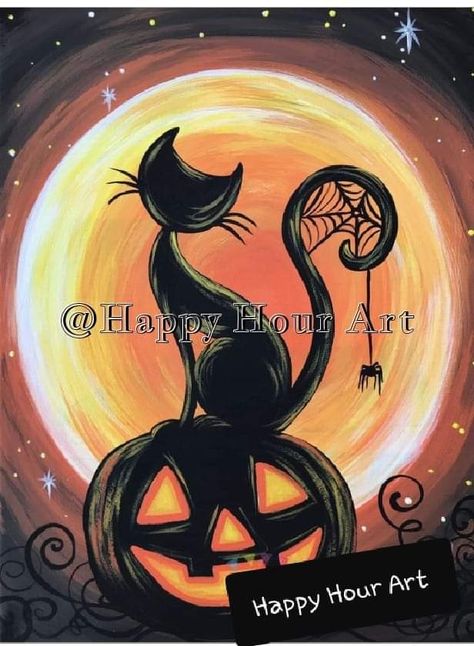 Easy Halloween Paintings, Silhouette Paint, Lantern Silhouette, Halloween Canvas Paintings, Moon Pumpkin, Fall Paintings, Spooky Cat, Work Apron, Cat Moon