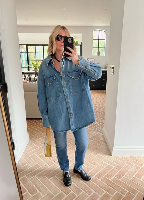 Birdie denim shirt jacket curated on LTK Denim Shirt Outfit Winter, Spring Denim Outfits, Chic Denim Outfits, Jean Shirt Outfits, Double Denim Outfit, Denim Shirt Outfit, Prada Loafers, Denim Shirt Jacket, Emma Rose