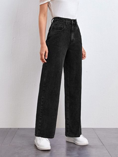 Wide Leg Black Jeans Outfit, High Waisted Wide Leg Jeans Outfit, Straight Jeans Outfit, Black Wide Leg Jeans, Shein Basics, Straight Leg Jeans Outfits, Wide Leg Jeans Outfit, Legs Outfit, Jeans Outfit Women