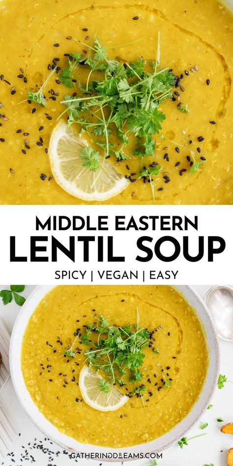 This authentic middle eastern lentil soup is made with red lentils, seasoned with cumin and turmeric! It's super quick and easy to do! Perfect for dinner! #soup #veganrecipes #vegetarian #healthyrecipes #middleeasternrecipes Quick Lentil Soup, Middle Eastern Soup, Arabic Lentil Soup, Middle Eastern Lentil Soup Recipe, Yellow Lentil Soup, Middle Eastern Lentil Soup, Creamy Lentil Soup, Indian Lentil Soup, Green Lentil Soup