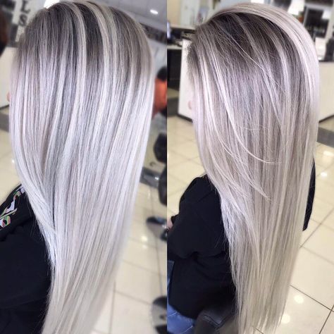 Grey Blonde Balayage Hair, Silver Hair With Platinum Highlights, Grey To Platinum Hair, Silver Hair With Root Smudge, Icy Blonde Balayage With Shadow Root, Balayage Ice Blonde, Ice Blonde Hair Balayage, Icy Platinum Blonde Hair With Lowlights, Silver Blonde Hair Balayage