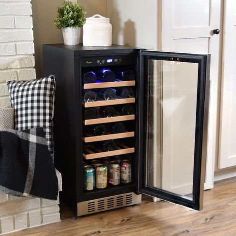 Have your wine and chill it too! This 33-bottle (750-ML) capacity wine fridge combines function and style. You can also use it to store other favorite beverages like beer, malt drinks, soda, water and juice. It features a stainless steel door frame, stainless steel handles, pull-out beech wood shelves and a layered glass window, so your wine will be displayed in modern style and elegance. The wine fridge also features a touchpad controller with LED display to easily set the thermostat to the des Drinks Soda, Refrigerator Cooler, Beverage Fridge, Sliding Shelves, Beverage Refrigerator, Kitchen Redesign, Soda Water, Stainless Steel Grill, Wine Refrigerator