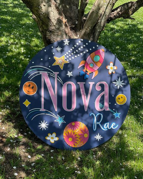 Nova! She deserves some stills. This sign turned out so beautiful. I don’t want to part with it but she’s going home tonight. Can’t wait to see her in her new home. If you need a custom name sign, logo, or any custom art piece DM me I would love to work with you. #nurserynamesigns #nursery #nurserydecor #nurseryinspo #nurserynamesign #woodworking #namesigns #namesignsforkidsroom #wallart #logo #logosign #handmade #art #woodart #home #homedecor #babyshower #babynamesign #custom #follow #f... Wood Baby Name Sign, Space Names, Nursery Room Themes, Space Themed Nursery, Nursery Name Sign, Wood Name Sign, Wood Names, Nursery Inspo, Themed Nursery