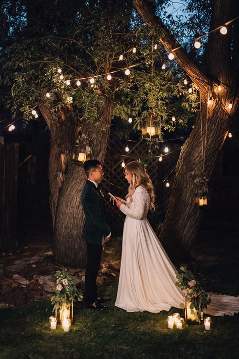 Intimate Evening Wedding Ideas, Evening Wedding Ceremony Outdoor, Wedding Small Intimate, December Backyard Wedding, Outside Evening Wedding Ideas, Evening Outside Wedding, Evening Ceremony Wedding, Small Evening Wedding Ideas, Sunset Wedding Ceremony Outdoor